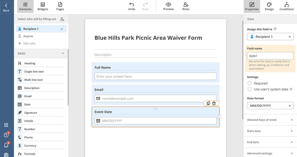 Adding fields to the facility waiver form in airSlate