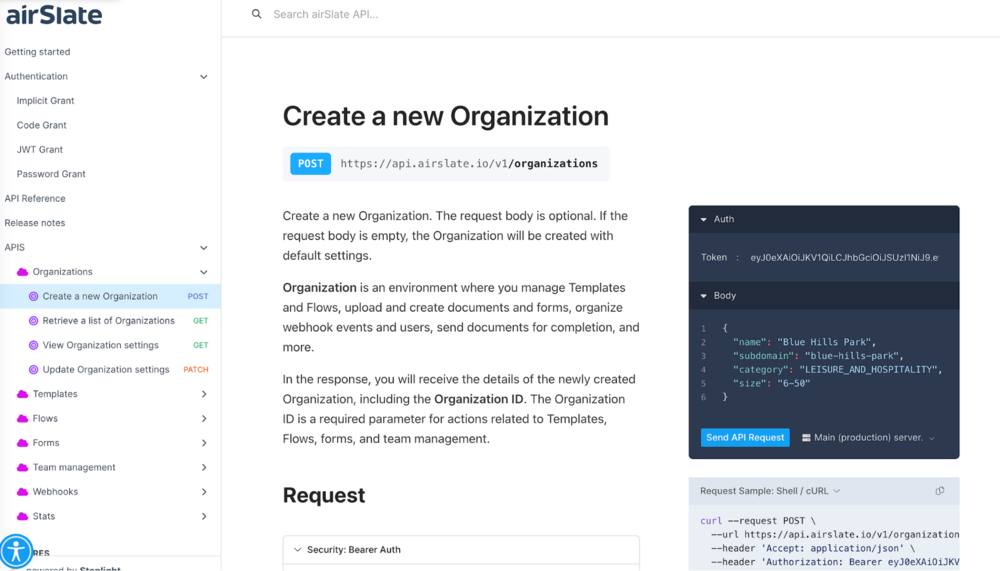 airSlate documentation page for creating a new organization workspace 