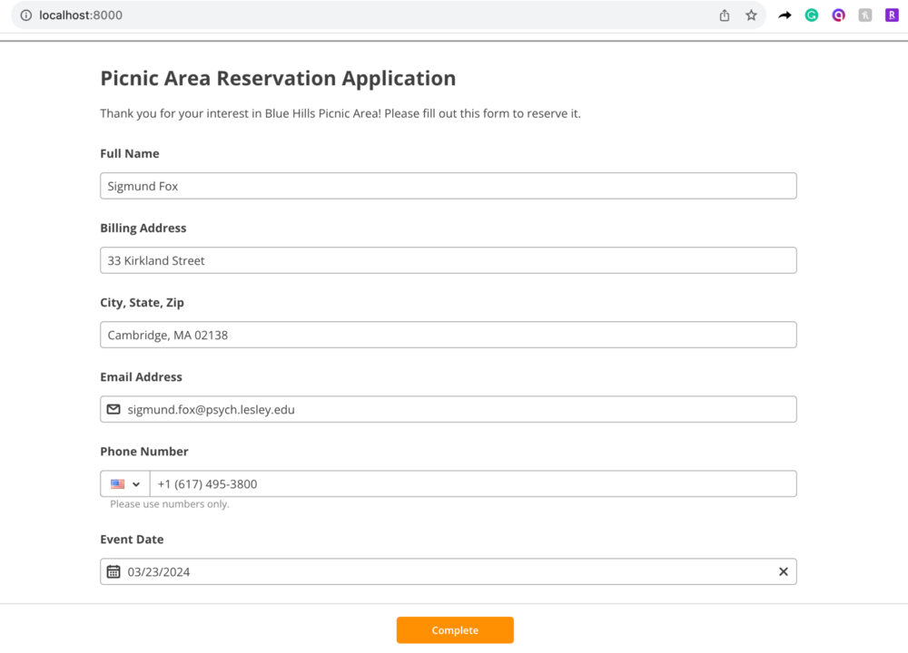 Filled out Picnic Area Reservation Application
