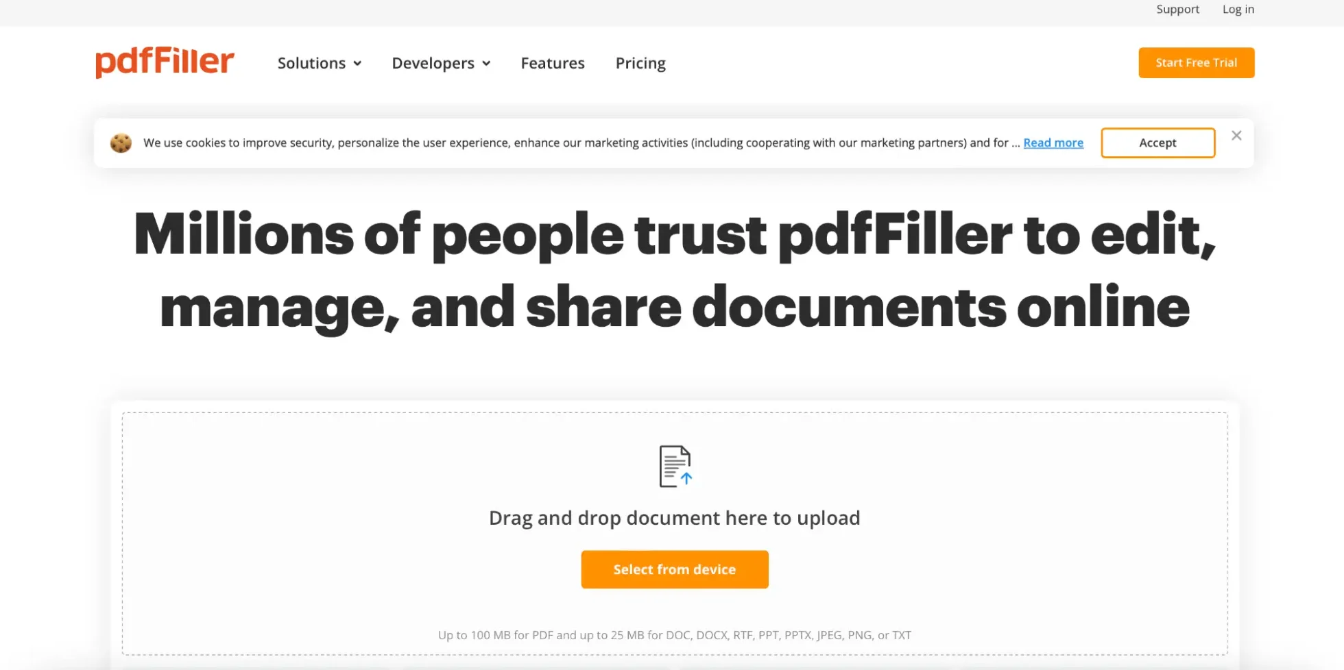 This image shows the pdfFiller home page.