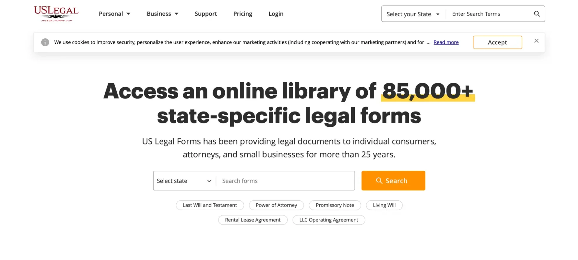 This image shows the USLegal home page.