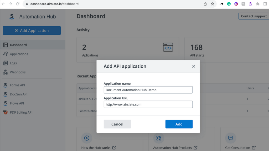 The image shows how to add an API application to the Document Automation Hub dashboard