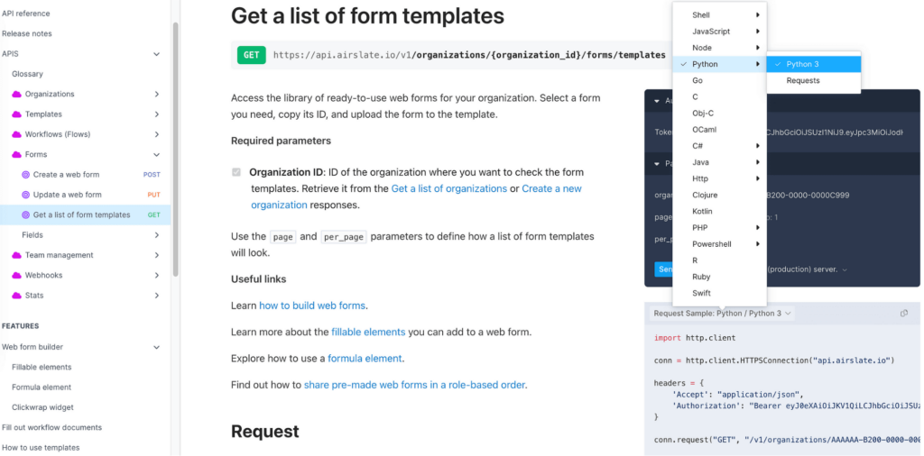This image shows how to obtain the Python code to make a request for the form templates list