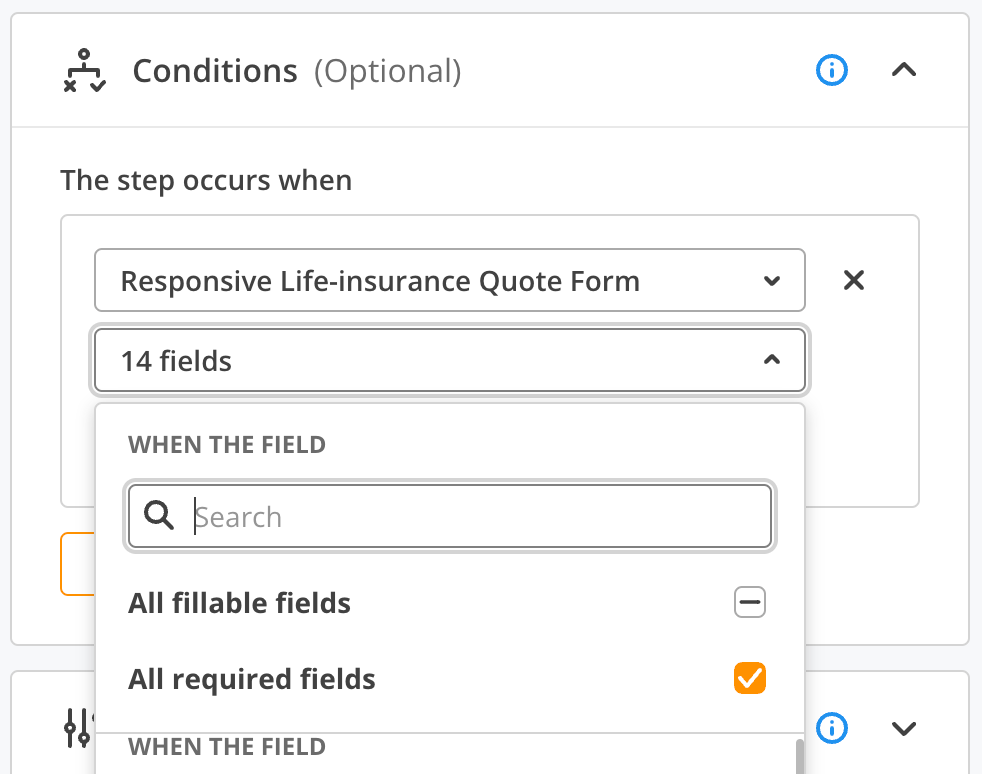 This image shows how to set up conditions when all required form fields are filled out